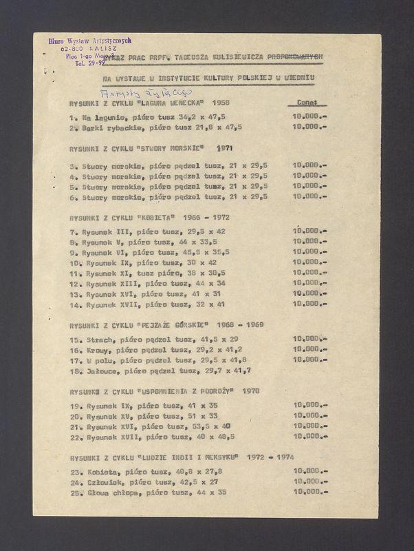 Wykaz prac prpf. Tadeusza Kulisiewicza na wystawie w Instytucie Kultury Polskiej w Wiedniu