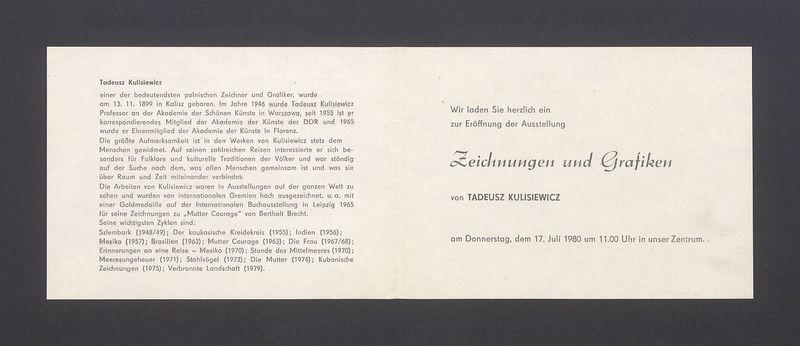 Wir laden Sie herzlich ein zur Eroffnung der Ausstellung Zeichnungen und Grafiken von Tadeusz Kulisiewicz