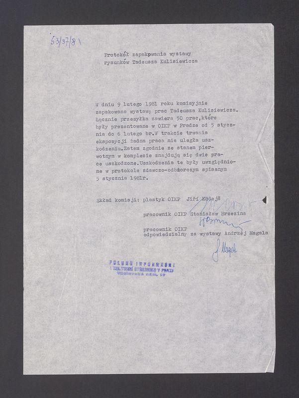 Protokół zapakowania wystawy rysunków Tadeusza Kulisiewicza
