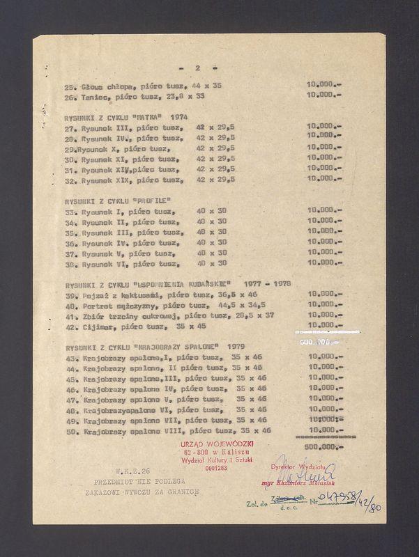 Wykaz prac Tadeusza Kulisiewicza proponowanych na wystawę w Ośrodku Informacji i Kultury Polskiej w Berlinie