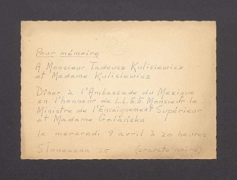 Pour Memoire A Monsieur Tadeusz Kulisiewicz et Madame Kulisiewicz