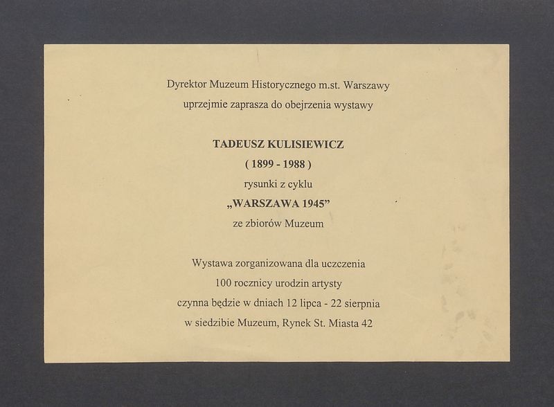 Zaproszenie do obejrzenia wystawy "Tadeusz Kulisiewicz (1899-1988) rysunki z cyklu Warszawa 1945"