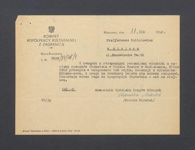 W związku z otrzymanymi recenzjami włoskimi z wystawy rysunków Obywatela [...]