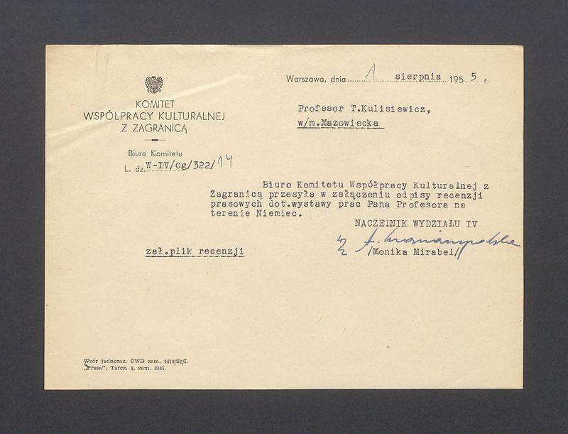 Biuro Komitetu Współpracy Kulturalnej z Zagranicą przesyła w załączeniu odpisy recenzji [...]
