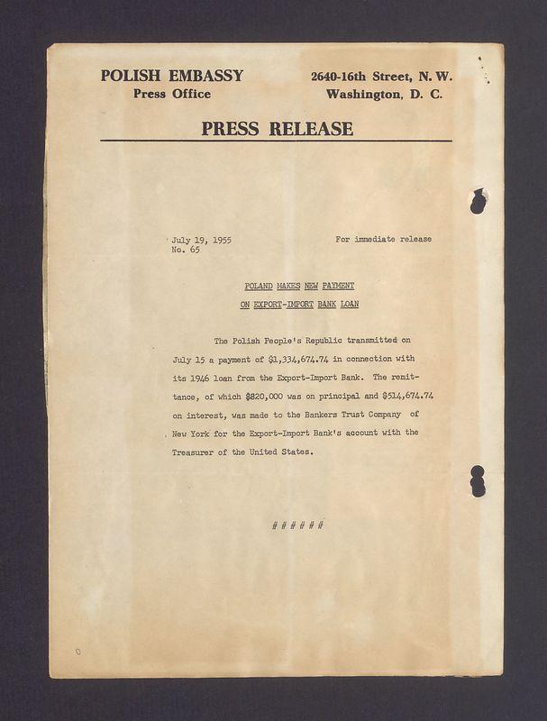 Press release. Poland makes new payment on export-import bank loan