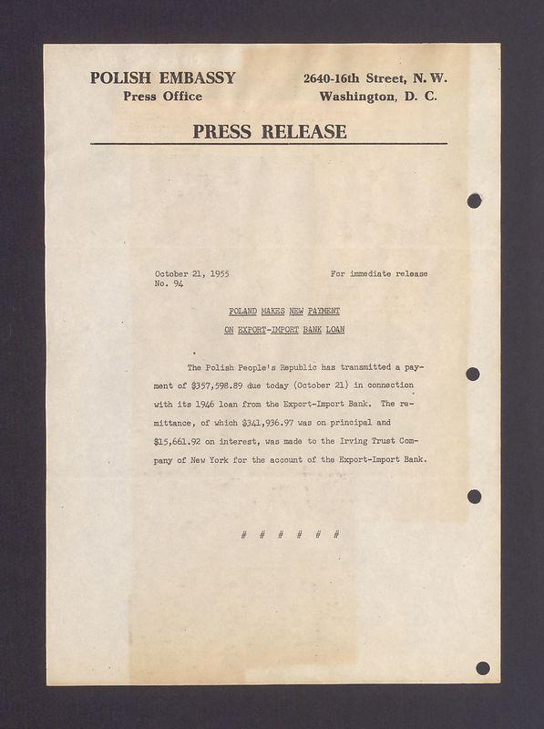 Press release. Poland makes new payment on export-import bank loan