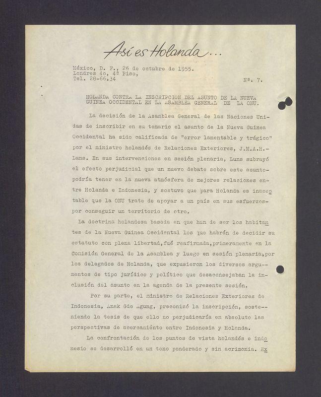 Holanda contra la inscripcion del asunto de la Nueva Guinea [...]