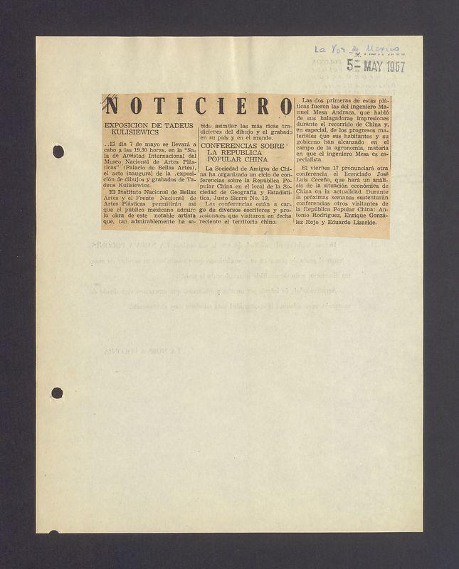 Noticiero. Exposicion de Tadeus Kulisiewics