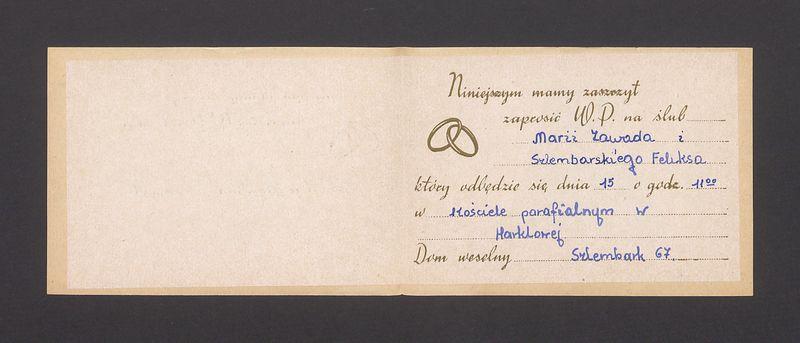 Zaproszenie na ślub Marii Zawada i Feliksa Szlembarskiego