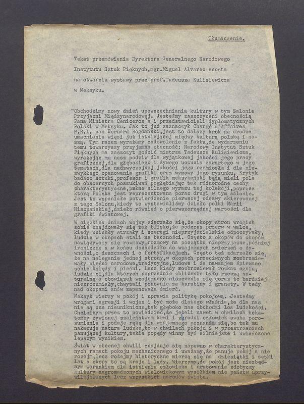 Tekst przemówienia Dyrektora Generalnego Narodowego Instytutu Sztuk Pięknych na otwarciu wystawy prac T. Kulisiewicza w Meksyku