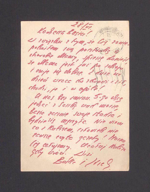 Kochana Basiu! W związku z tym, że Cię zaniepokoiłam swą pocztówką [...]