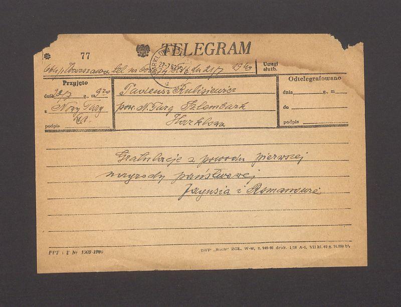 Telegram. Gratulacje z powodu pierwszej nagrody państwowej [...]