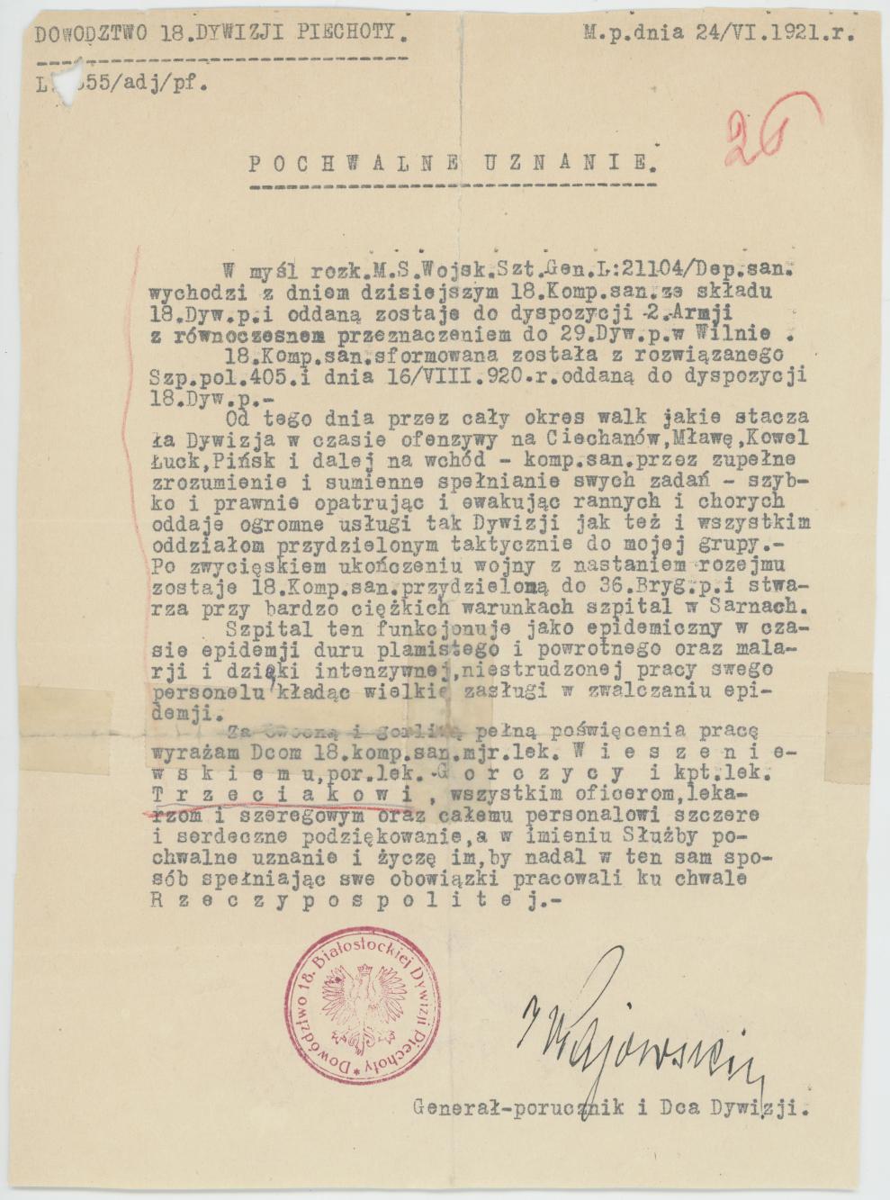 Maszynopis "Pochwalnego uznania" dla Mieczysława Trzeciaka za służbę w 18. Dywizji Piechoty
