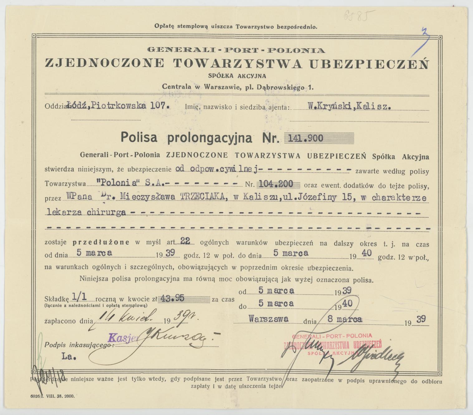 Polisa prolongacyjna na nazwisko Mieczysława Trzeciaka