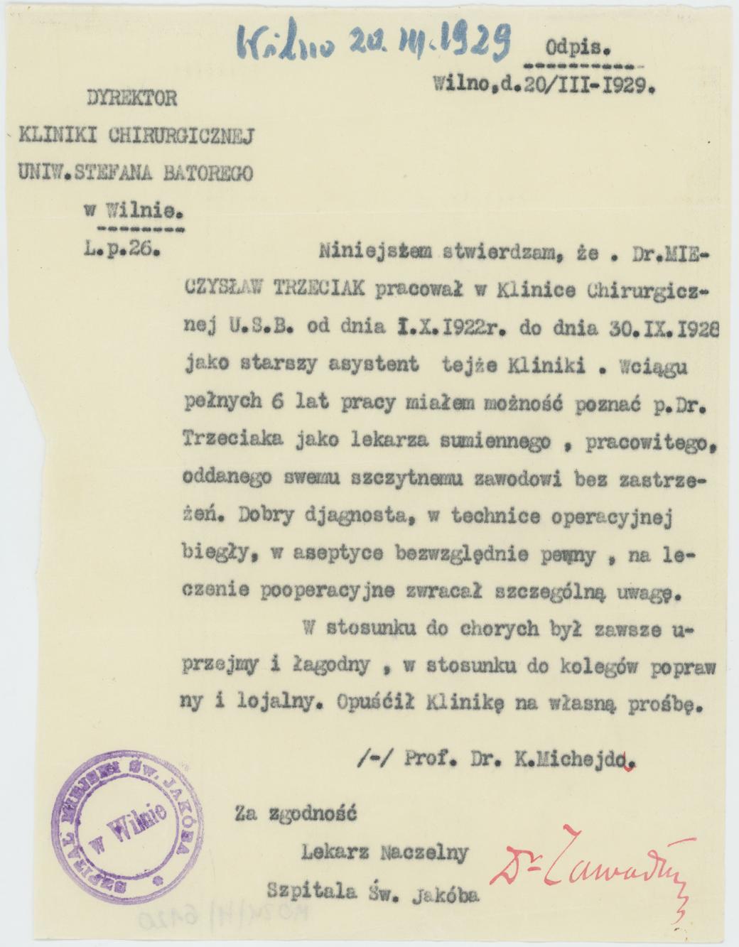 Potwierdzenie pracy Mieczysława Trzeciaka w Klinice Chirurgicznej Uniwersytetu Stefana Batorego