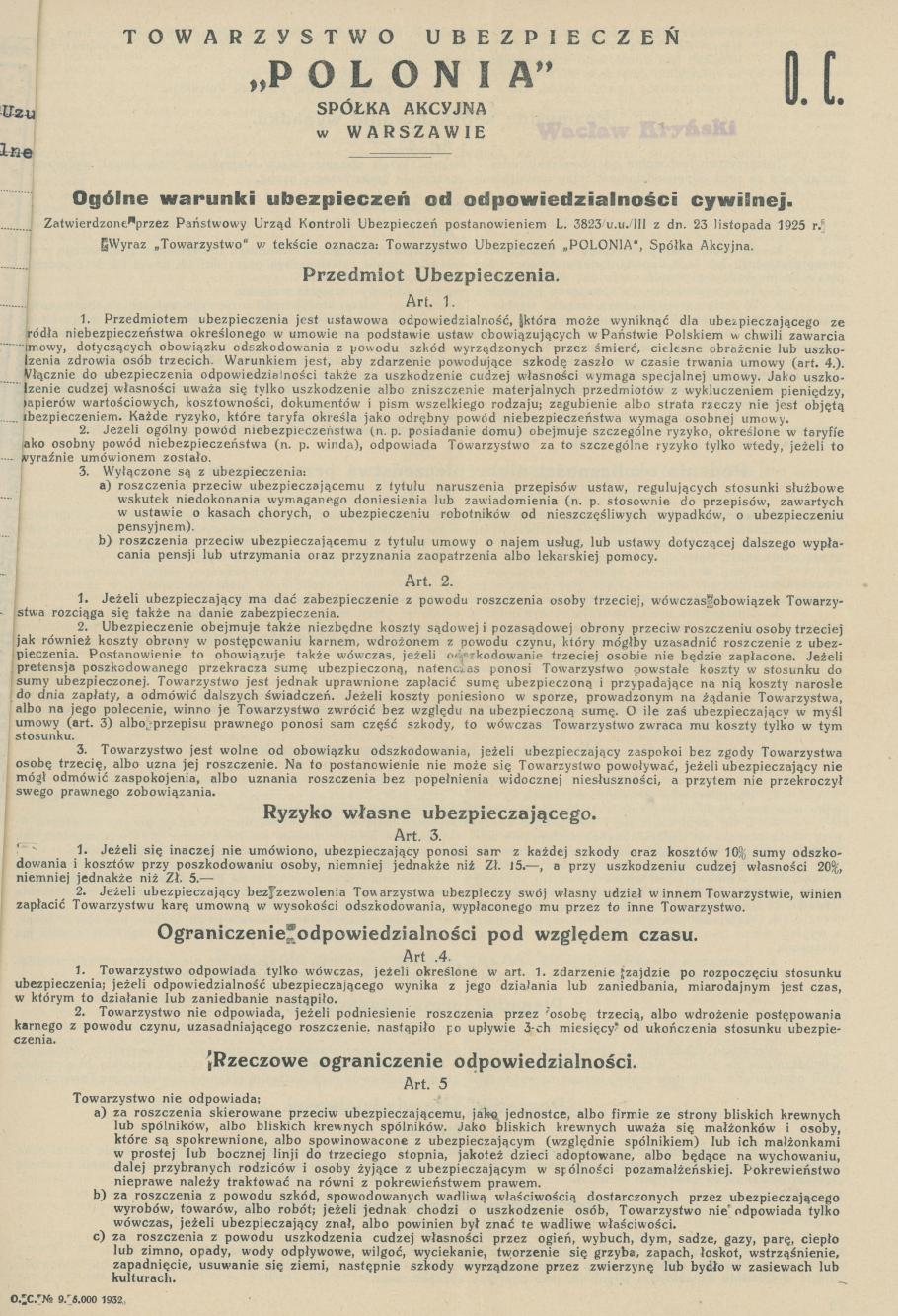 Polisa nr 100.173 Towarzystwa Akcyjnego Polonia na nazwisko Mieczysław Trzeciak