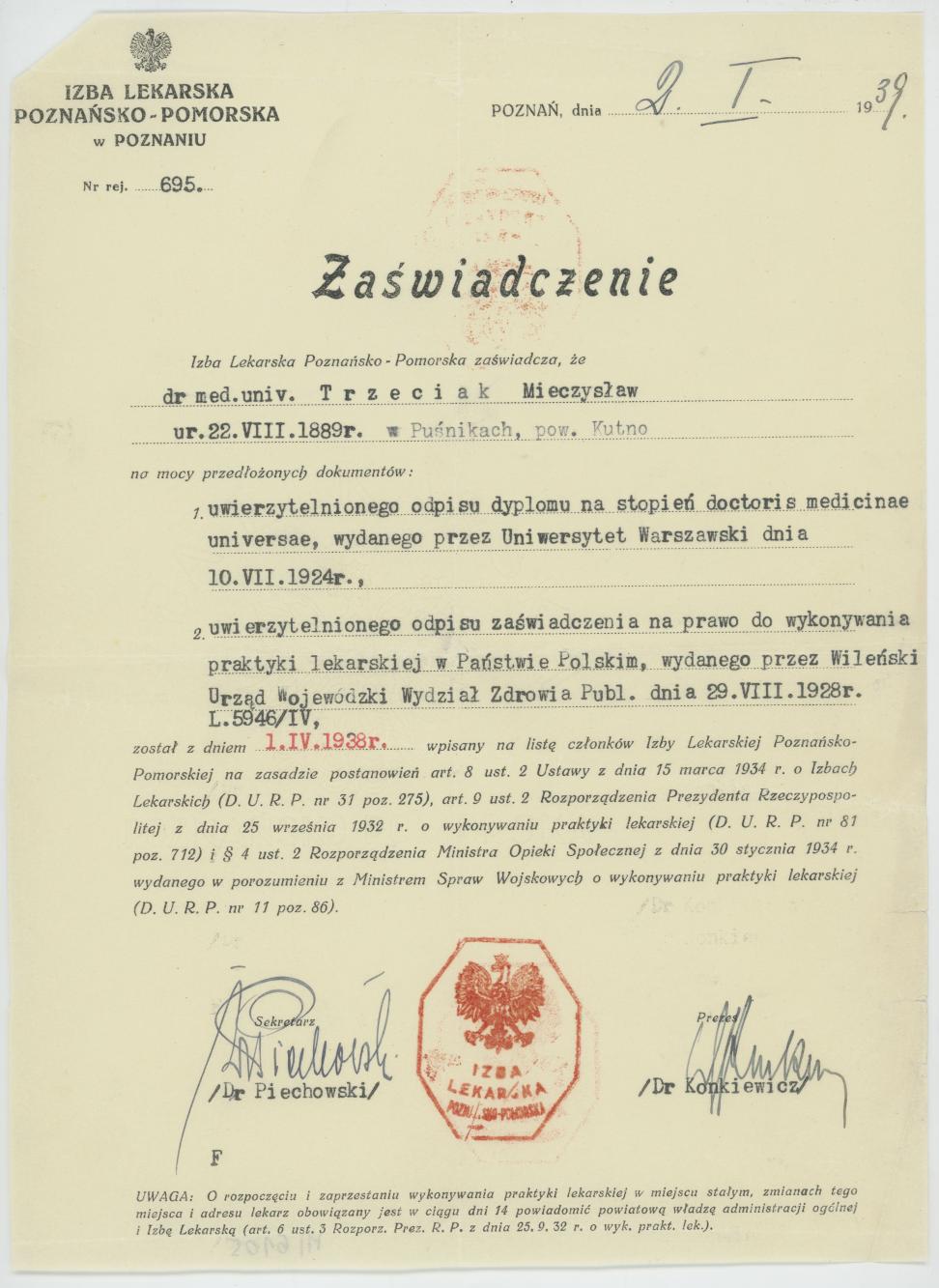 Zaświadczenie informujące o wpisaniu Mieczysława Trzeciaka na listę członków Izby Lekarskiej