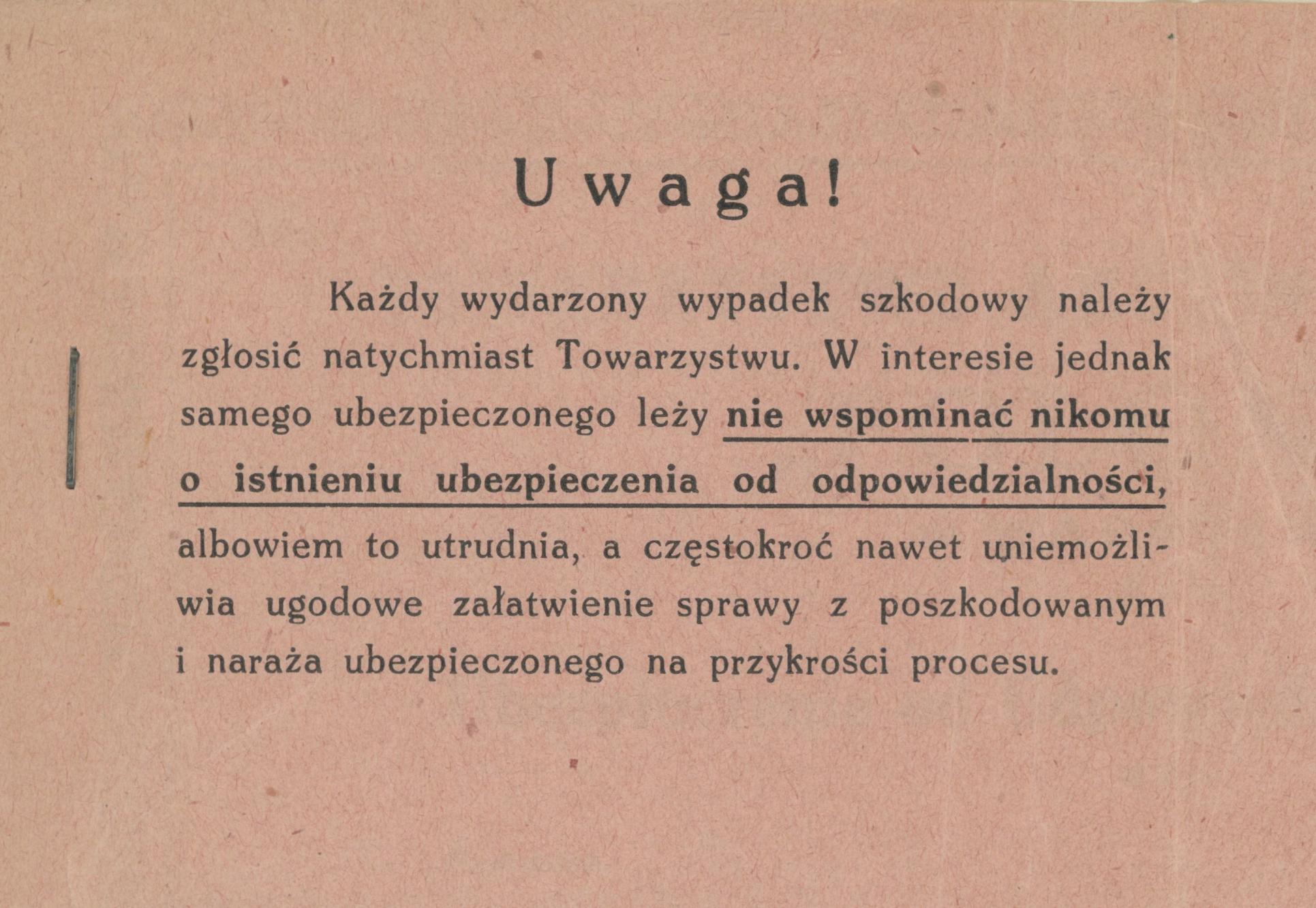 Polisa nr 100.173 Towarzystwa Akcyjnego Polonia na nazwisko Mieczysław Trzeciak