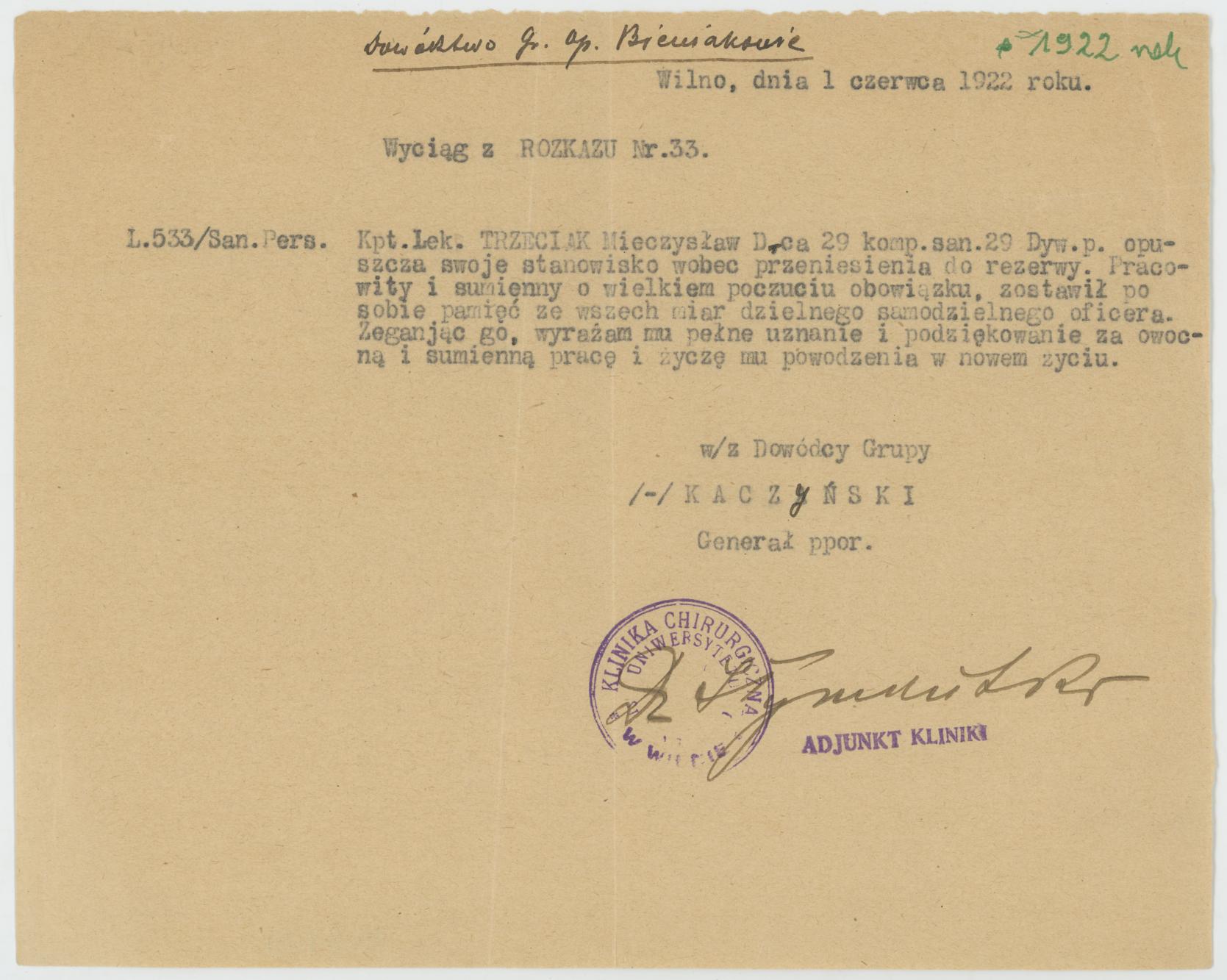 Wyciąg z rozkazu informującego Mieczysława Trzeciaka o przeniesieniu do rezerwy