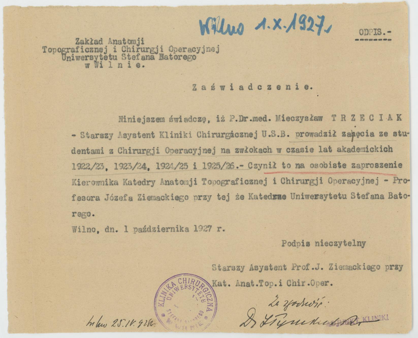 Zaświadczenie o prowadzeniu zajęć ze studentami na Uniwersytecie Stefana Batorego w Wilnie