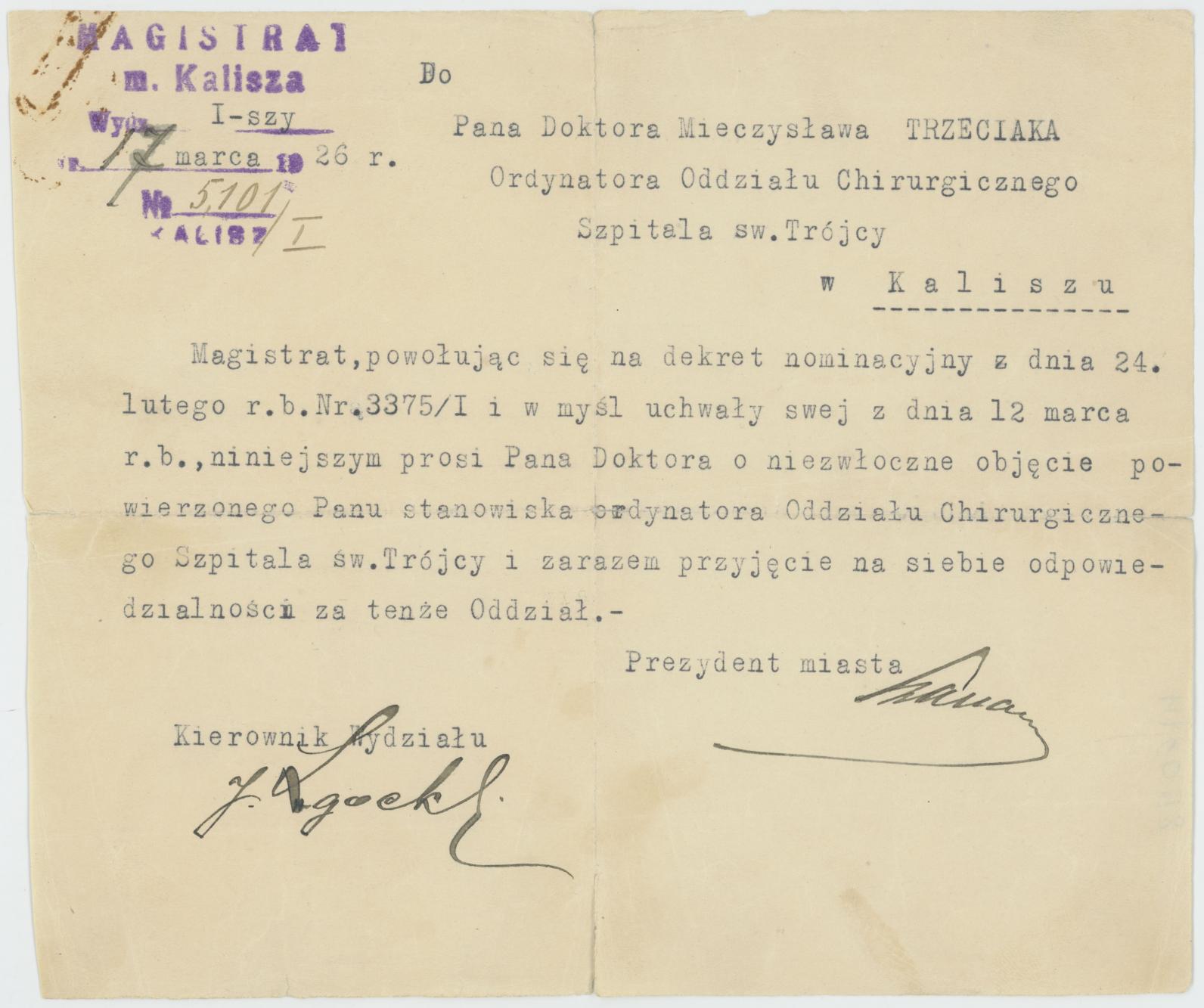 Pismo powołujące Mieczysława Trzeciaka na stanowisko ordynatora oddz. chirurgii kaliskiego Szpitala św. Trójcy