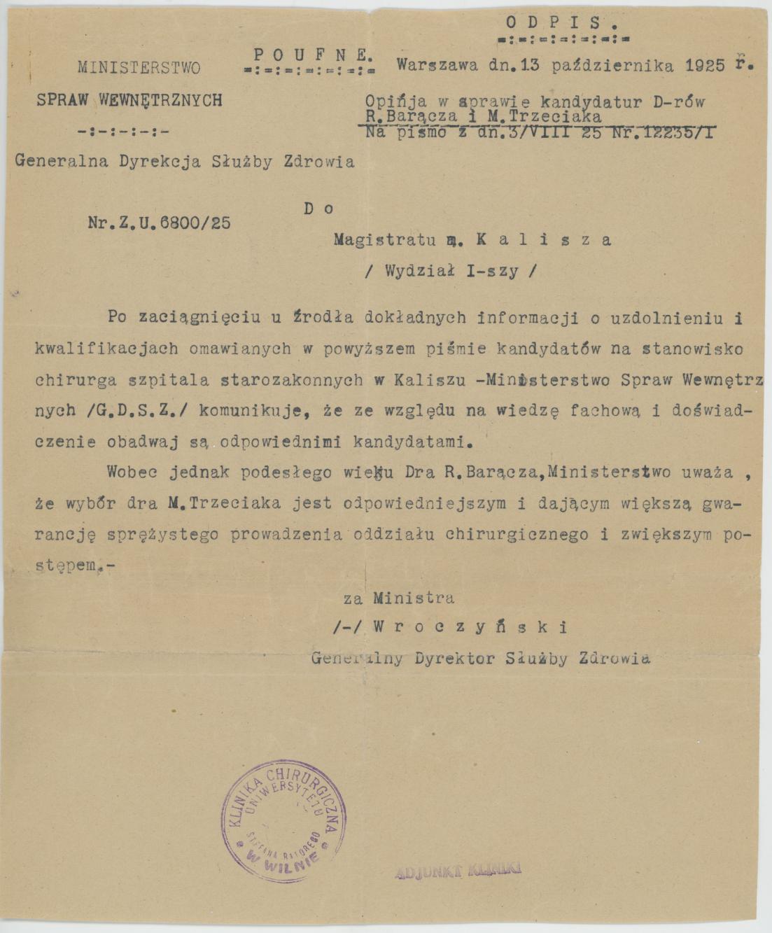 Odpis pisma do Mieczysława Trzeciaka ws. jego wyboru na stanowisko chirurga Szpitala Starozakonnych w Kaliszu