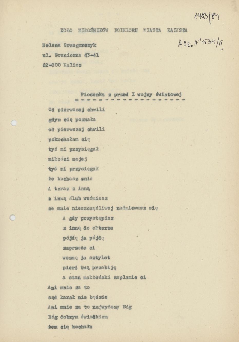 Piosenka z przed I wojny światowej