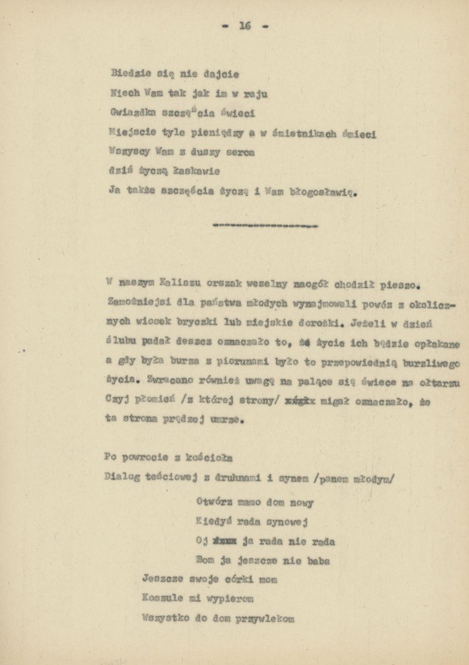 Śpiewy ludowe weselne na terenie miasta Kalisza i powiatu śpiewane dowcipy i przysłowia