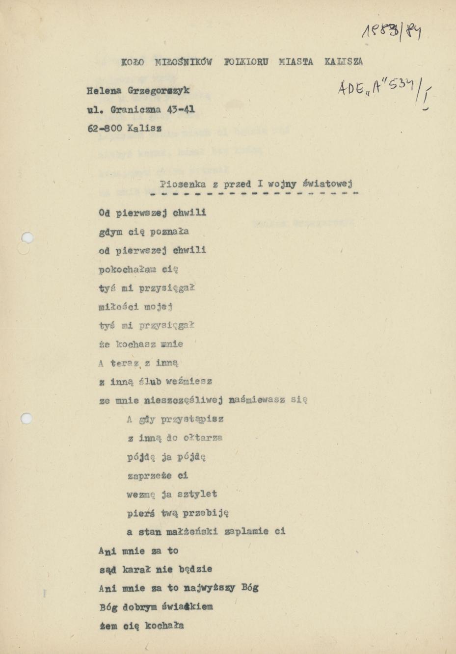 Piosenka z przed I wojny światowej