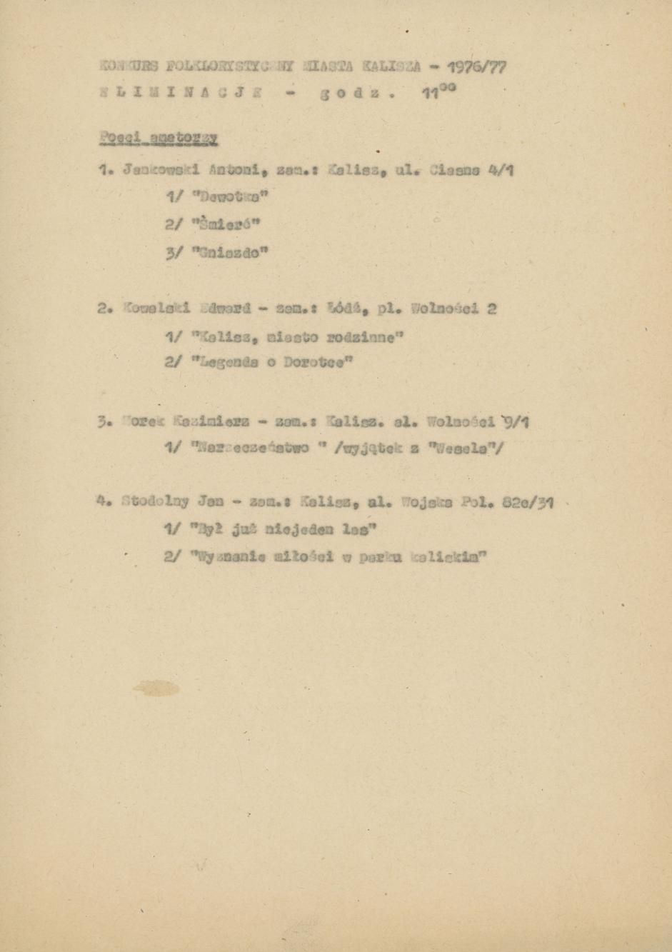 Wykaz uczestników Konkursu folklorystycznego miasta Kalisza 1976/77