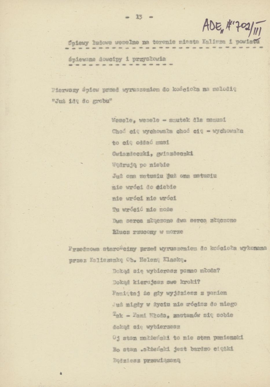 Śpiewy ludowe weselne na terenie miasta Kalisza i powiatu śpiewane, cz. 1