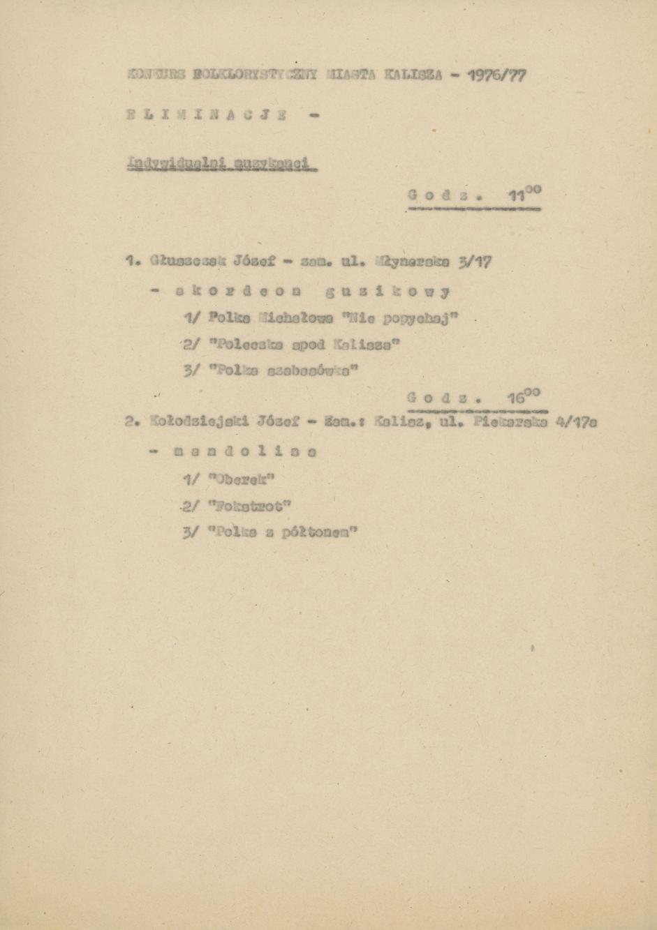 Wykaz uczestników Konkursu folklorystycznego miasta Kalisza 1976/77