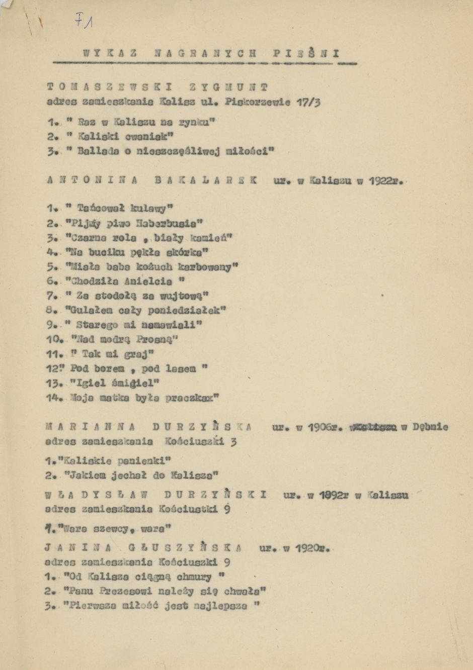 Wykaz nagranych pieśni