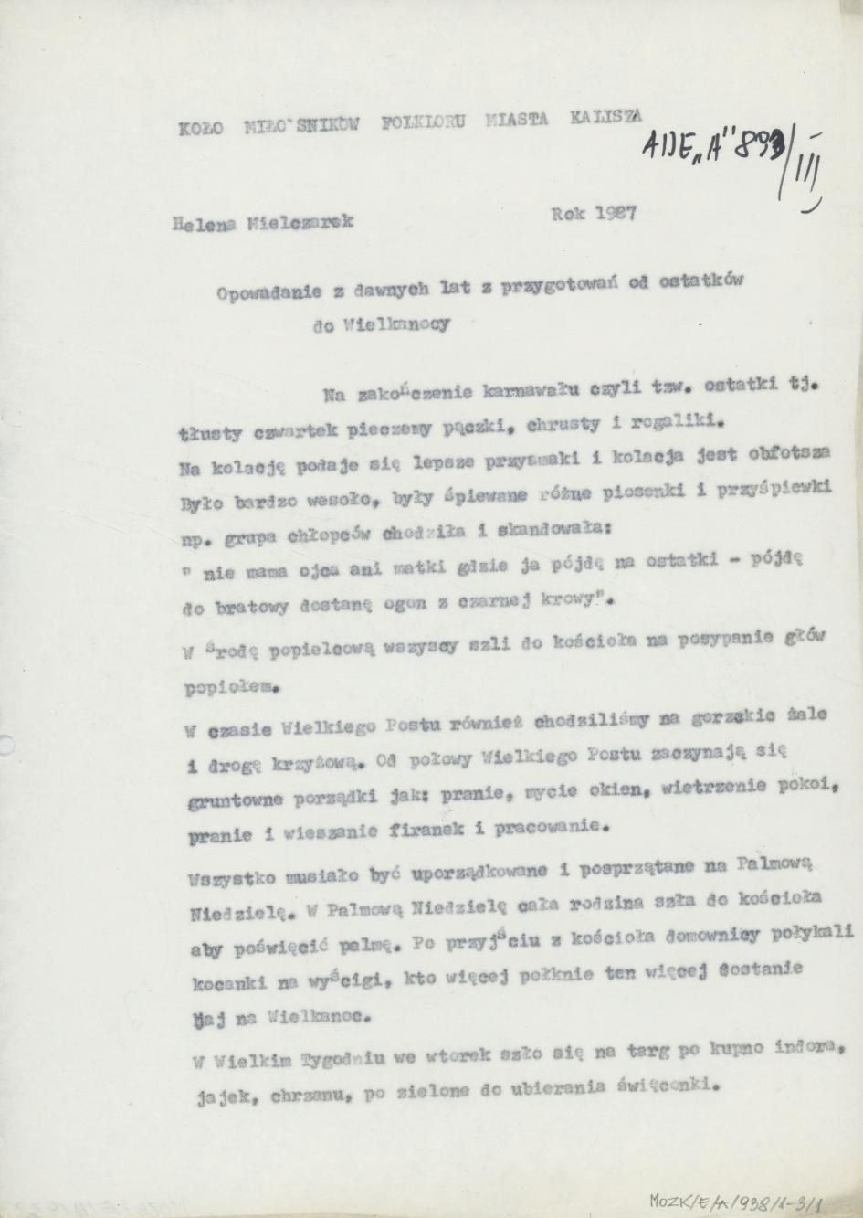 Opowiadanie z dawnych lat z przygotowań od ostatków do Wielkanocy