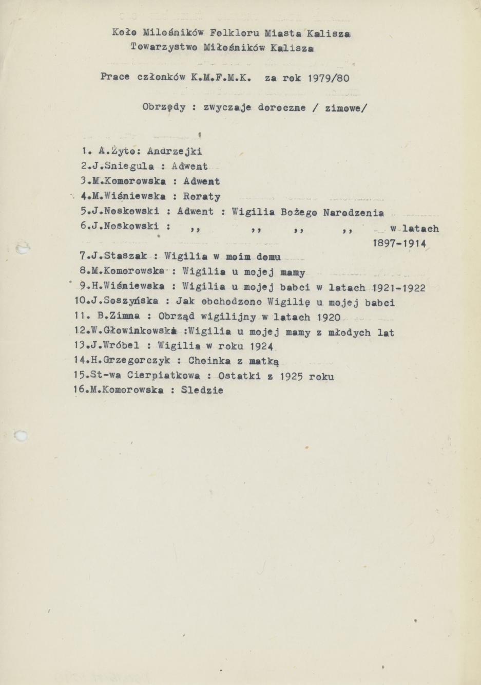 Lista prac członków K.M.F.M.K. - obrzędy, zwyczaje doroczne