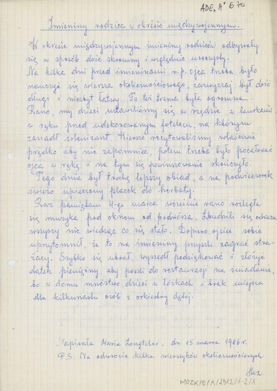 Imieniny rodzica w okresie międzywojennym