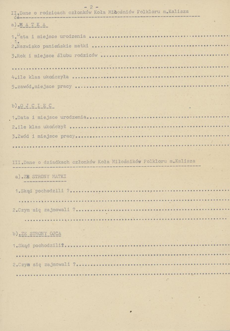 Dane o członkach Koła Miłośników Folkloru Miasta Kalisza - kwestionariusz