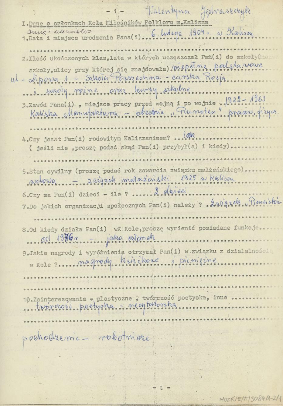 Walentyna Jędraszczyk - kwestionariusz osobowy