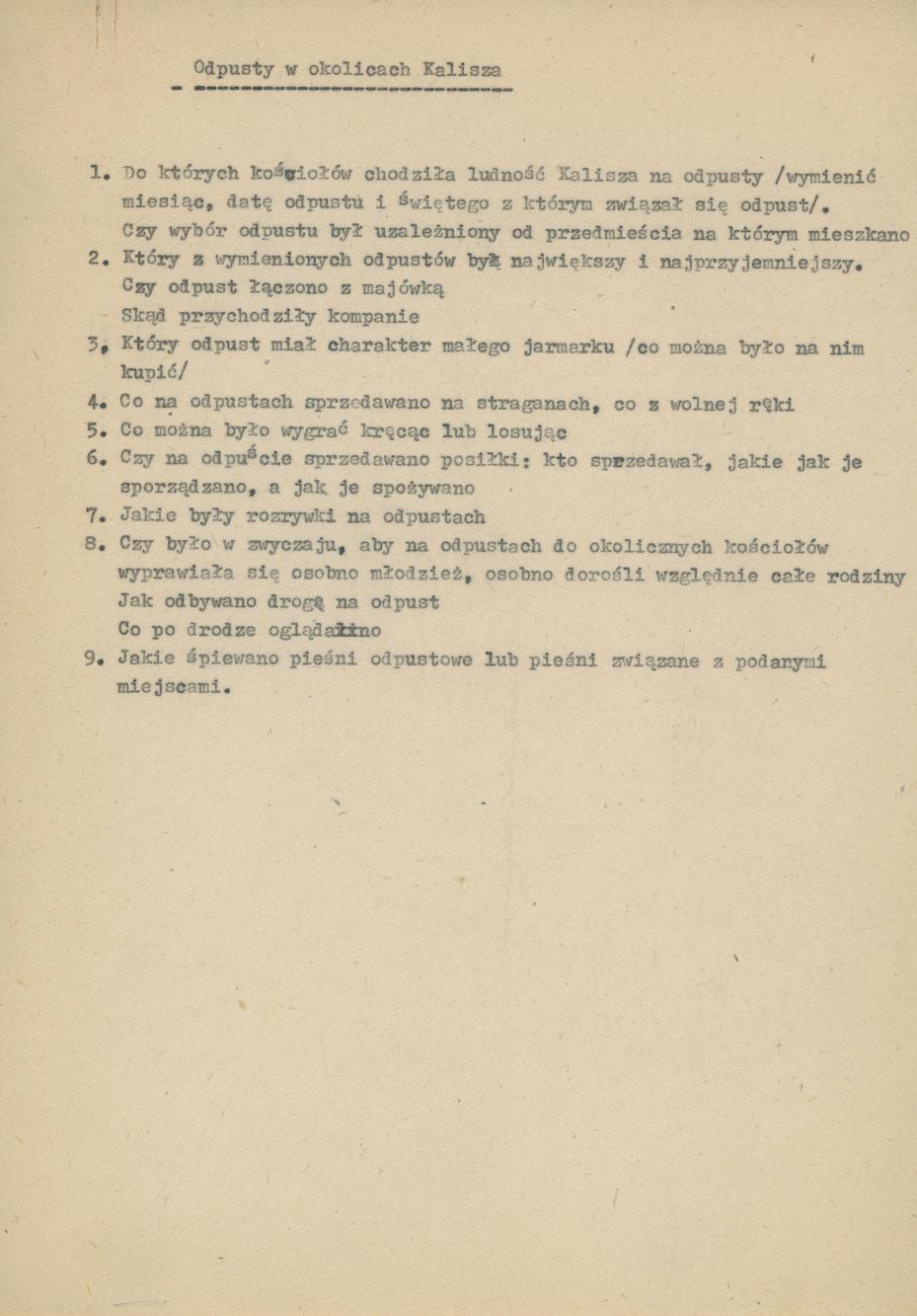 Odpusty w okolicach Kalisza - kwestionariusz