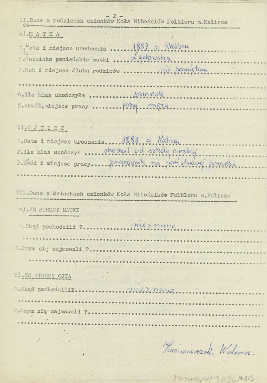 Waleria Kaźmierczak - kwestionariusz osobowy