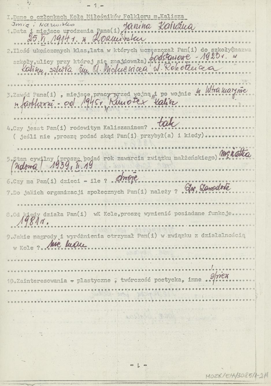 Janina Kałużna - kwestionariusz osobowy