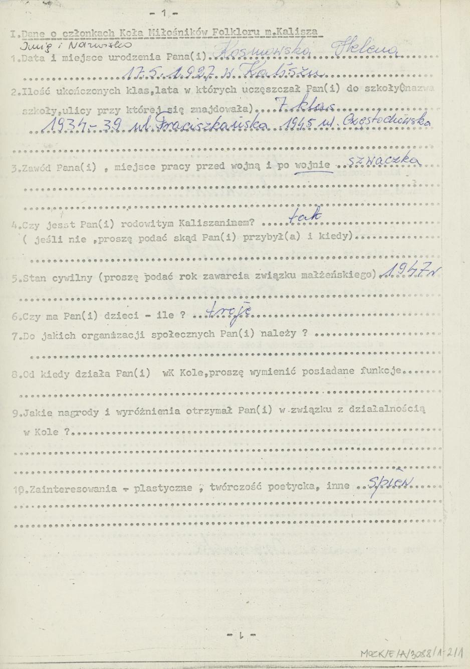 Helena Kosmowska - kwestionariusz osobowy