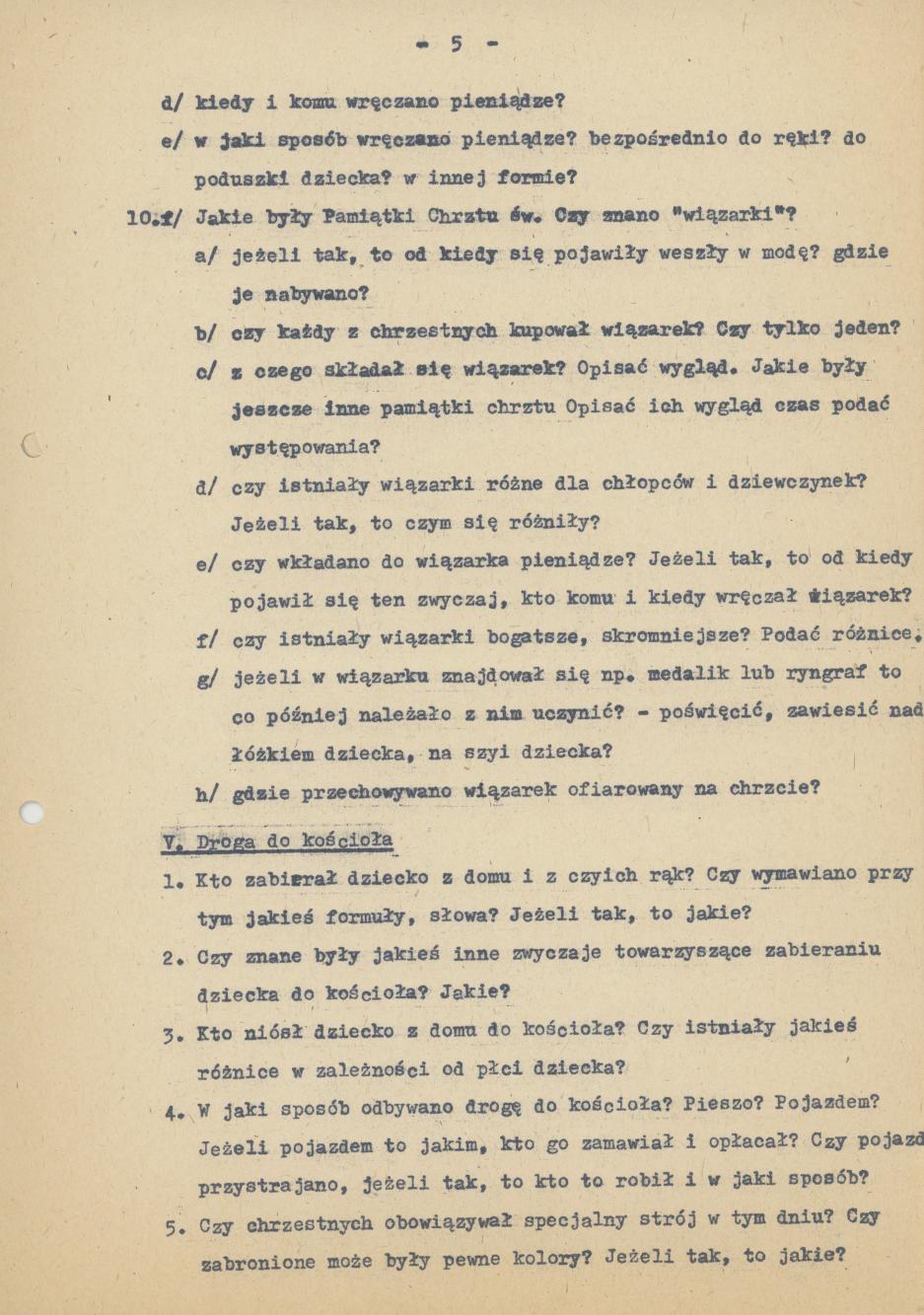 Kwestionariusz do badań nad zwyczajami i wierzeniami związanymi z chrztem dziecka na terenie Kalisza w okresie 1900-1939