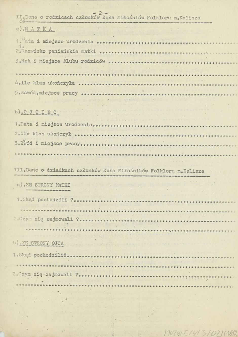 Blankiet kwestionariusza osobowego dla członków Koła Miłośników Folkloru Miasta Kalisza