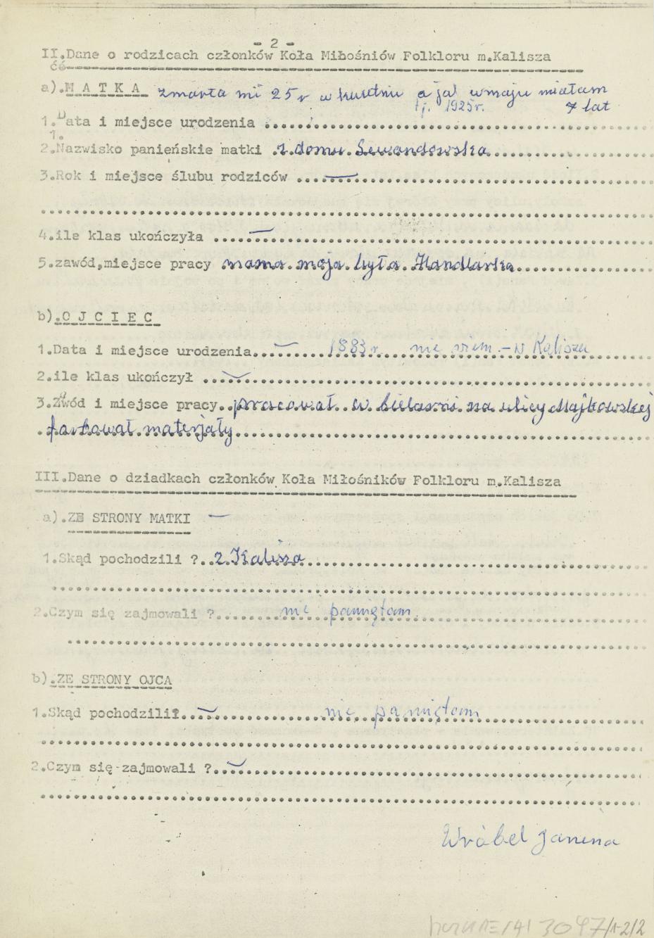 Janina Wróbel - kwestionariusz osobowy