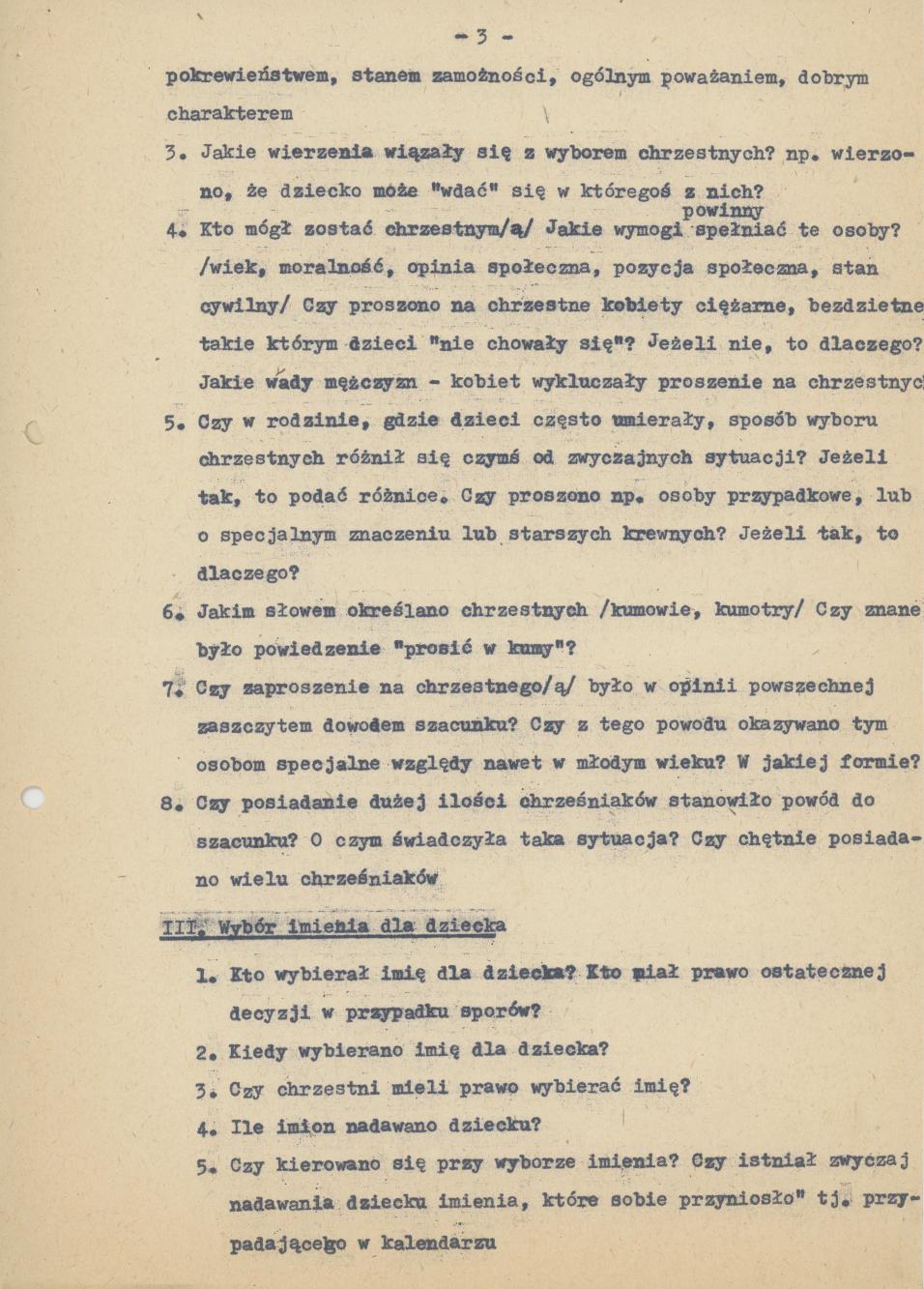 Kwestionariusz do badań nad zwyczajami i wierzeniami związanymi z chrztem dziecka na terenie Kalisza w okresie 1900-1939