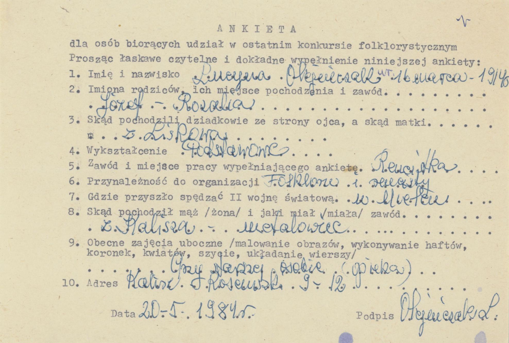 Lucyna Olejniczak - ankieta osobowa