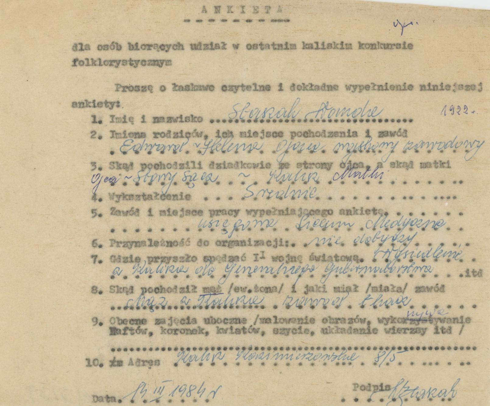 Wanda Staszak - ankieta osobowa