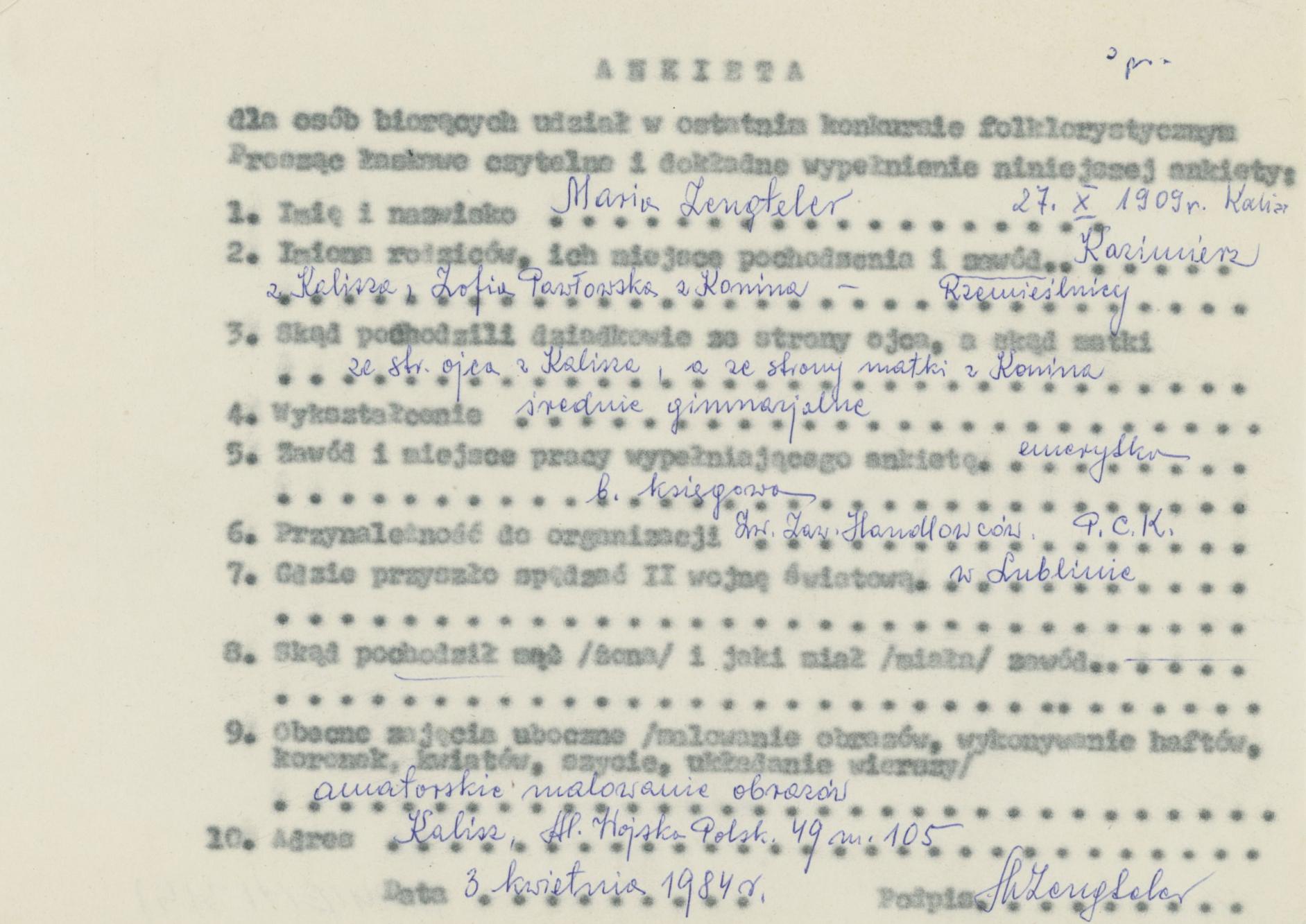 Maria Zengteler - ankieta osobowa