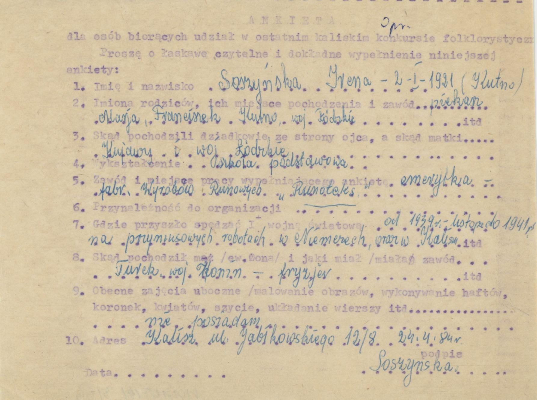 Irena Soszyńska - ankieta osobowa